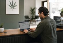 Responsable de un club de cannabis revisando un programa de gestión en un portátil