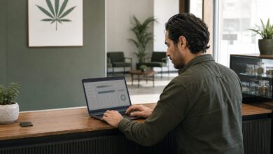 Responsable de un club de cannabis revisando un programa de gestión en un portátil