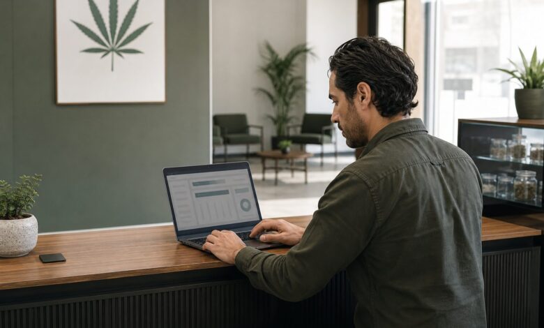 Responsable de un club de cannabis revisando un programa de gestión en un portátil