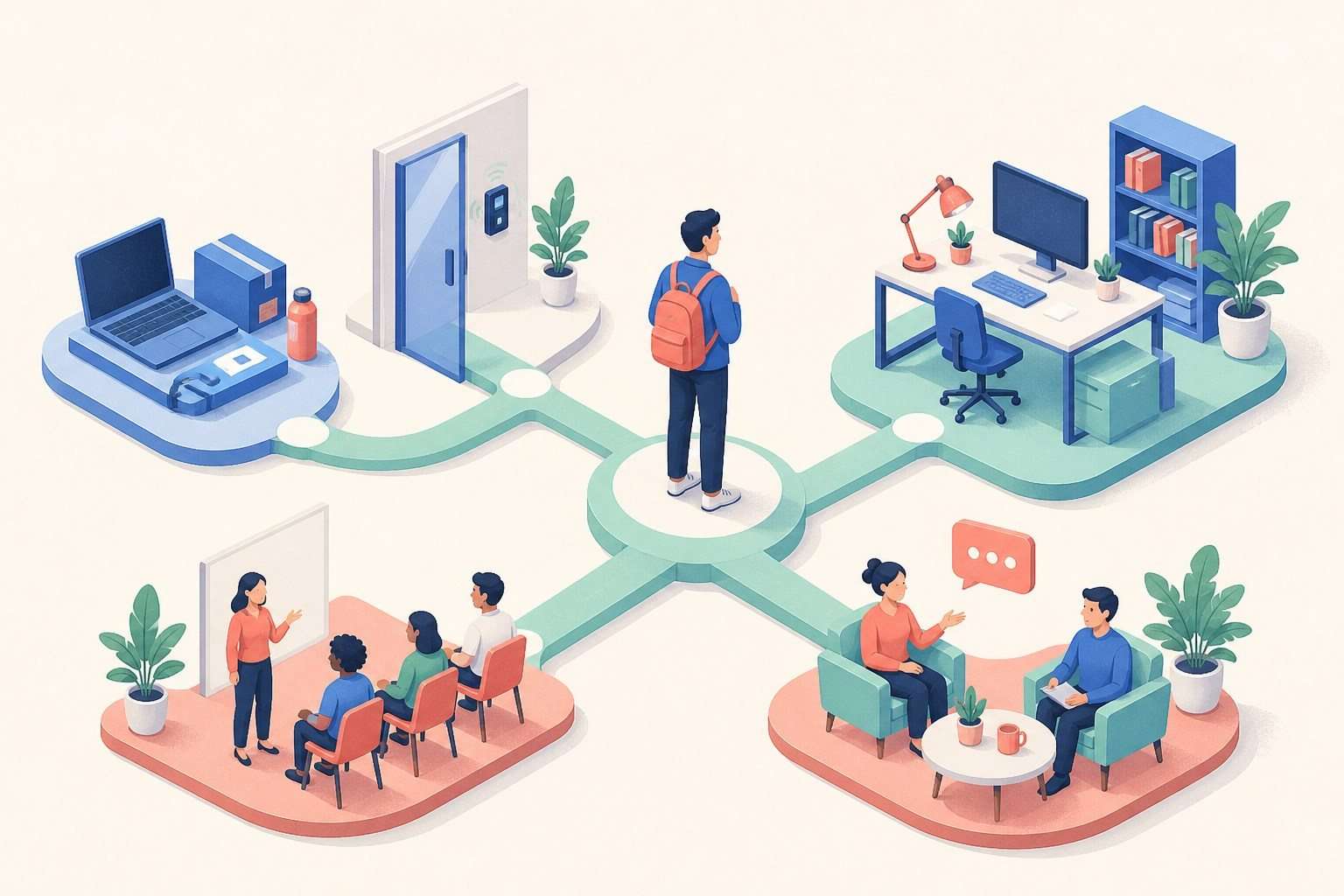 Ilustración de una persona conectada con los servicios de equipo, accesos, formación y soporte.